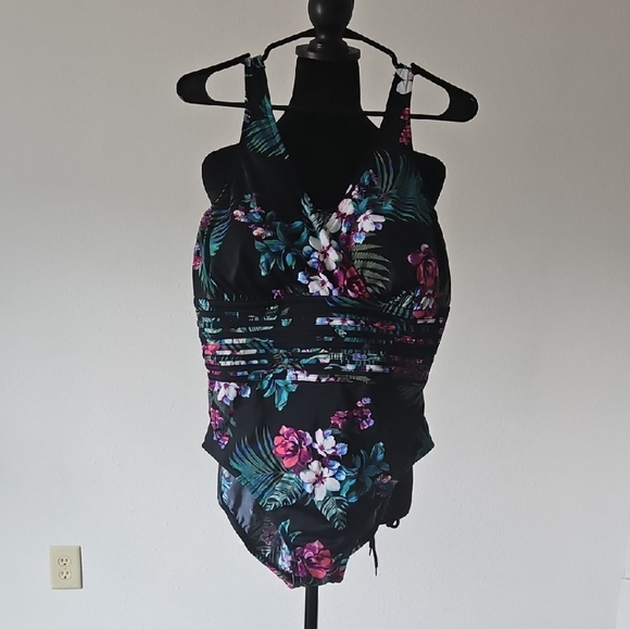Aqua Green Floral One Piece Swimsuit - Black and Pink - Picture 1 of 14